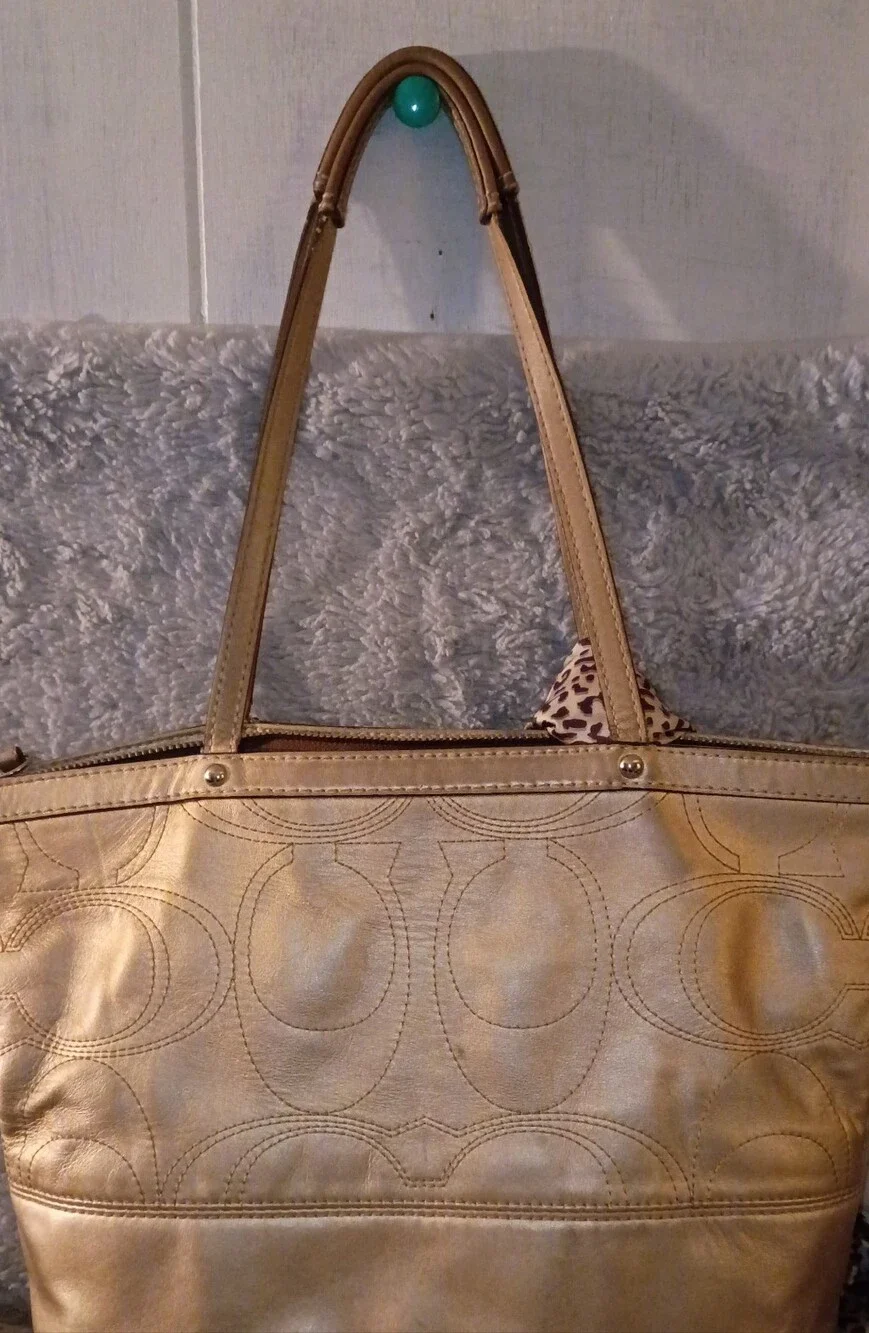 Coach Metallic Gold SIGNATURE STRIPE stitch Leather Tote Bag with Charm